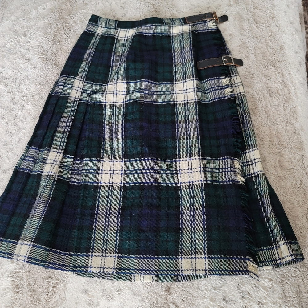 Mosbrook vintage pure wool skirt green tartin plaid Green Navy White - Picture 2 of 8